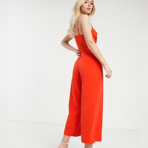 ASOS DESIGN | Twist Front Strappy Culotte Jumpsuit in Red - Picture 8 of 15